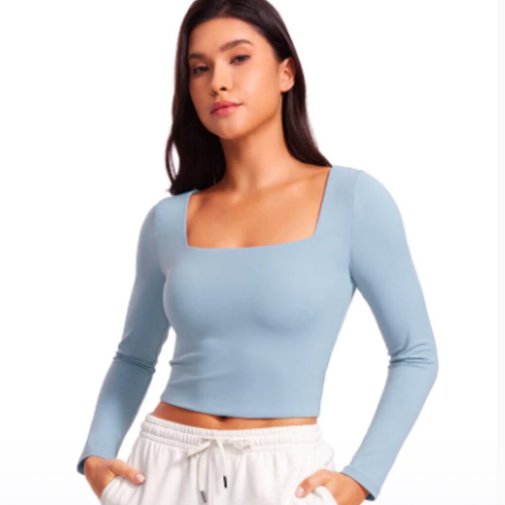 NWT CRZ YOGA Butterluxe Lined Crop Top Long Sleeves Square Neck Cambric Blue #14 - Picture 5 of 5